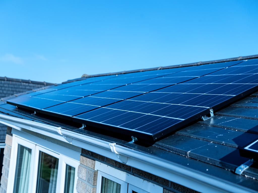 Black solar panels installed on a UK house roof